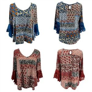 Roommates Boho Flowy Mixed Floral Print Lace Ruffle Bell Sleeve Tops